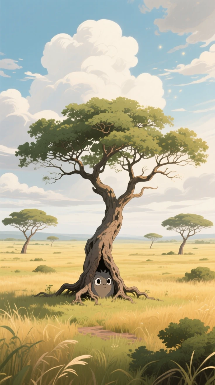 A breathtaking view of a savanna dotted with lone acacia trees, with a lone weathered tree standing at its center, under a sky full of drifting clouds, framed with a wide panoramic view.