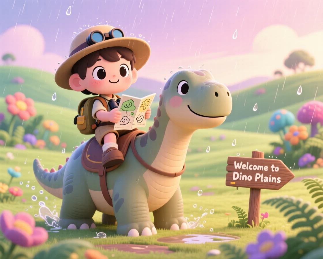Medium shot: a young explorer, riding on the back of a gentle brontosaurus, set against a sweeping prehistoric plain during a gentle spring rain shower, with soft pastel light of dawn and a mood of playful mischief.