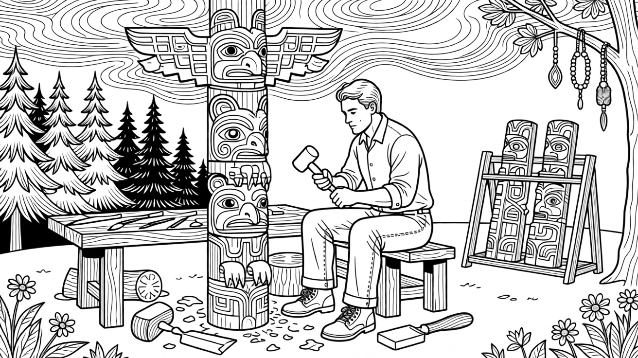 A totem pole carver working with traditional tools.