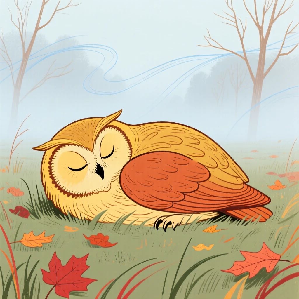 A wise old owl curled up together in a misty morning field on a crisp autumn day.