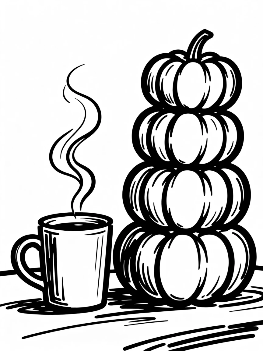 A cozy autumn scene with a steaming mug of cider beside a stack of pumpkins.