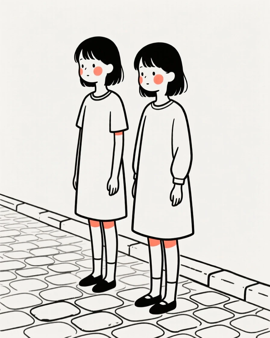 Twin sisters, lost in quiet contemplation, on a quiet cobblestone street.
