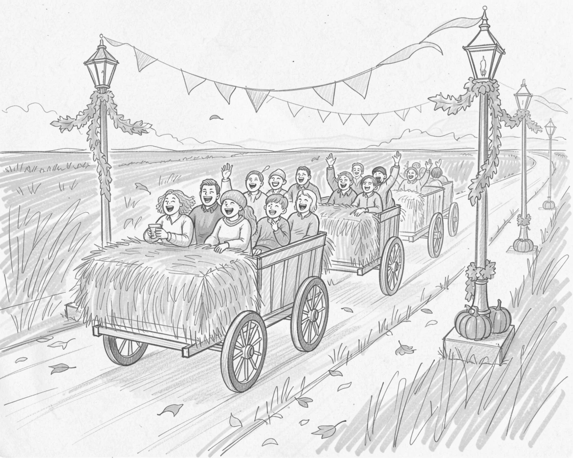 A festive scene of a autumn hayride through golden fields along a festively decorated street, with laughter and joy filling the scene.