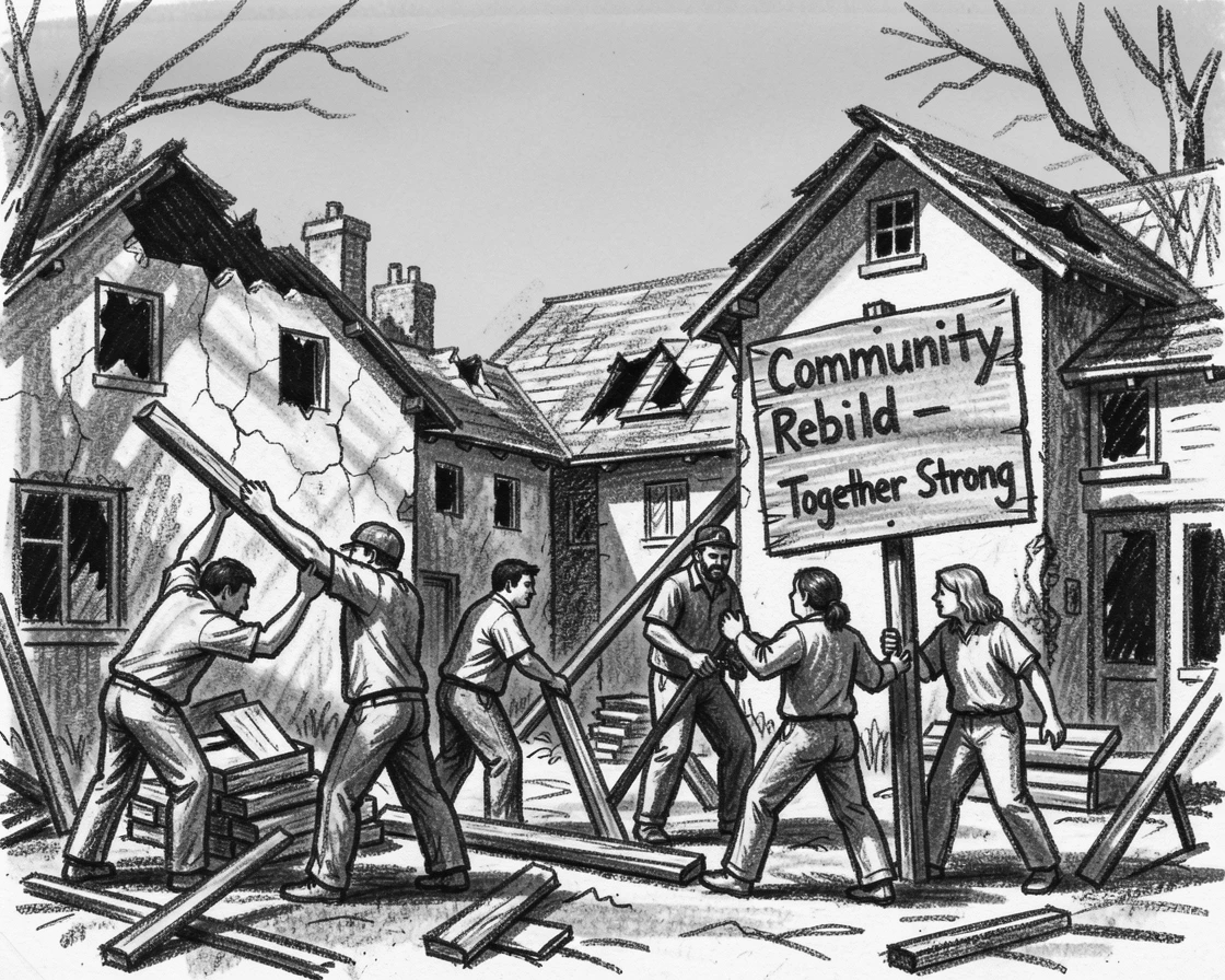 A community coming together to rebuild after a storm, under a clear blue midday sky.