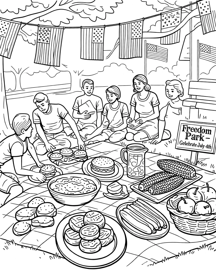 A festive Fourth of July picnic with a spread of food beneath a flag-lined park.
