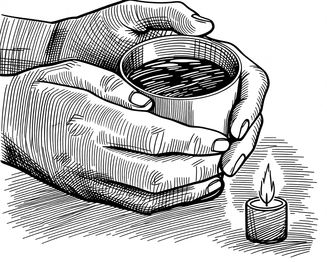 A pair of hands cupping a warm mug of coffee beneath the glow of a single warm lamp, with a candle flickering steadily nearby, evoking a quietly hopeful sense of calm.