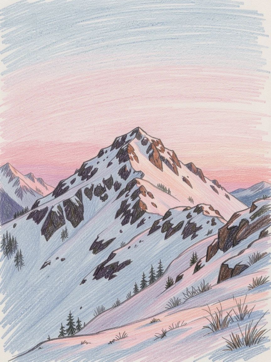 A snowy mountain summit glowing pink at first light, with rich, inviting textures throughout the scene, evoking nostalgia and a deep sense of contentment.