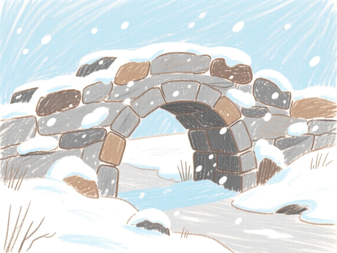 A view of an old stone bridge blanketed in a light dusting of fresh snow.