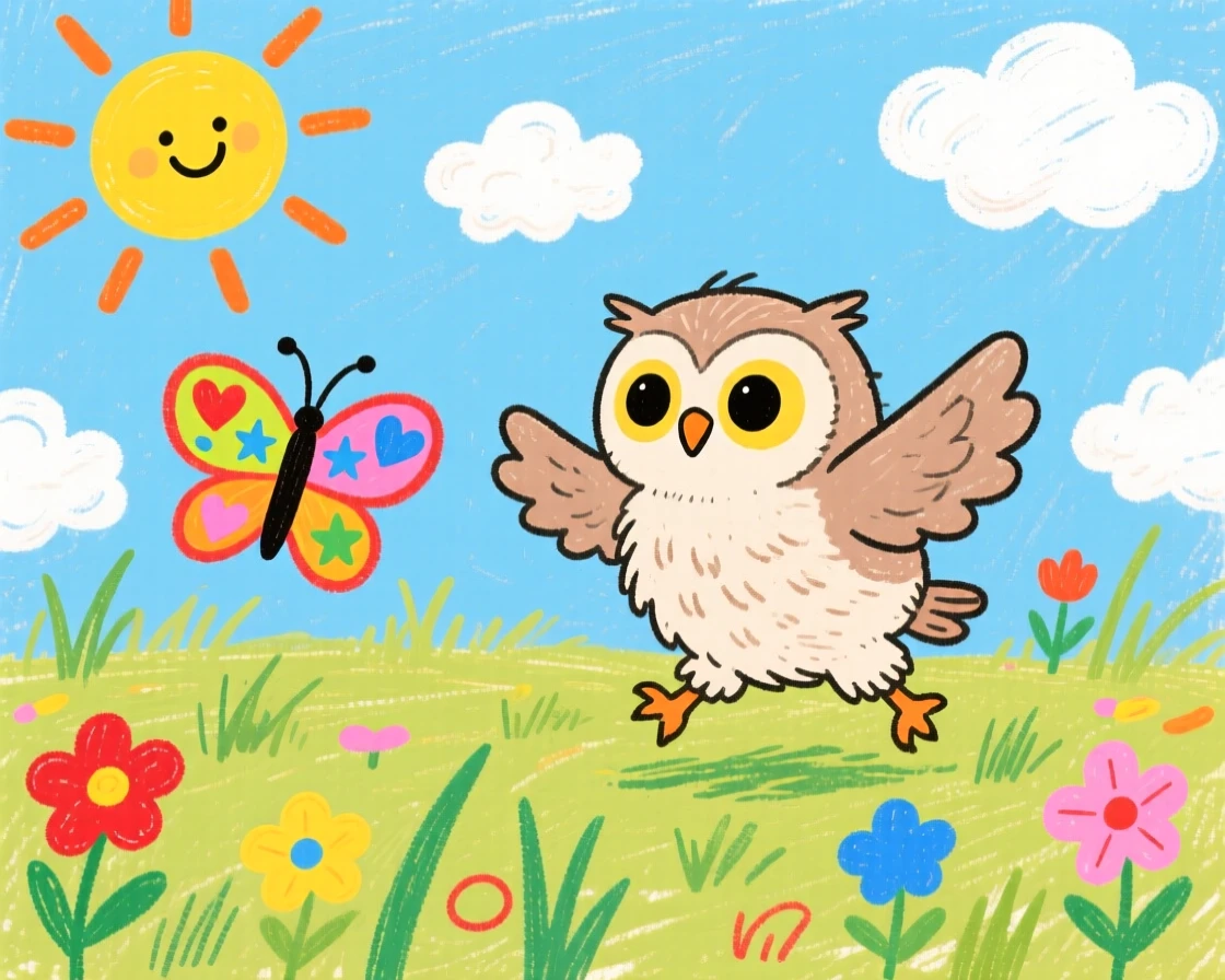 A downy owlet chasing a butterfly across a sunny field.