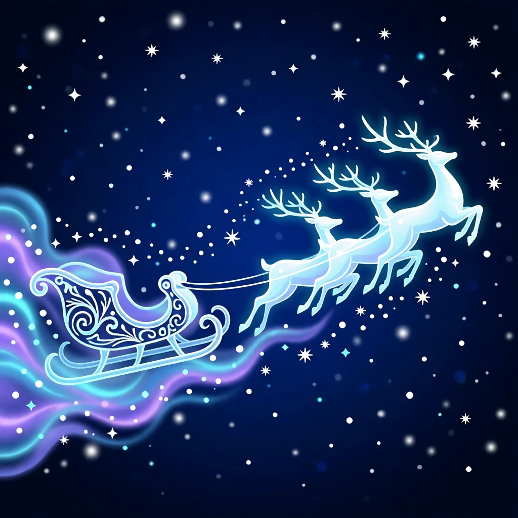 A fairy tale sleigh pulled by glowing reindeer through a snowy sky, surrounded by a magical mist glowing faintly in the moonlight, framed to evoke a sense of magic and enchantment, with subtle magical particles drifting through the air.