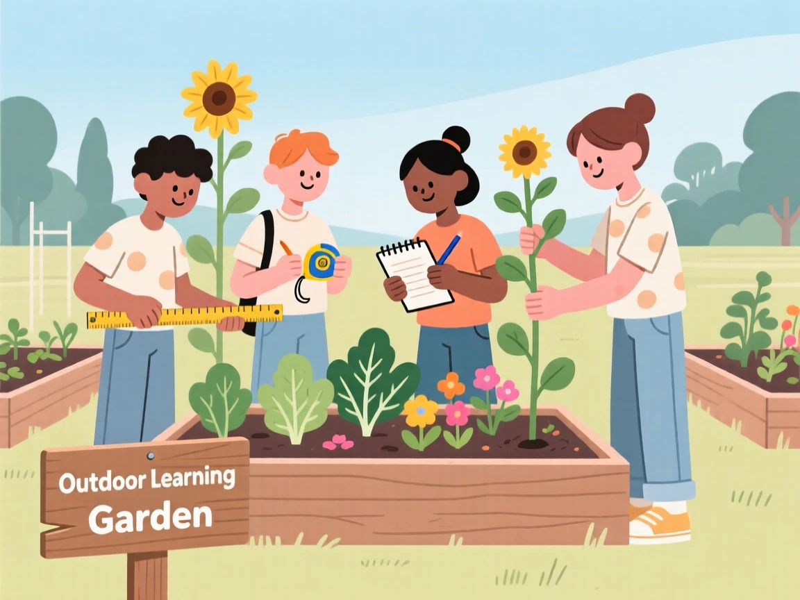 A group of students measuring plants they grew in an outdoor learning garden.