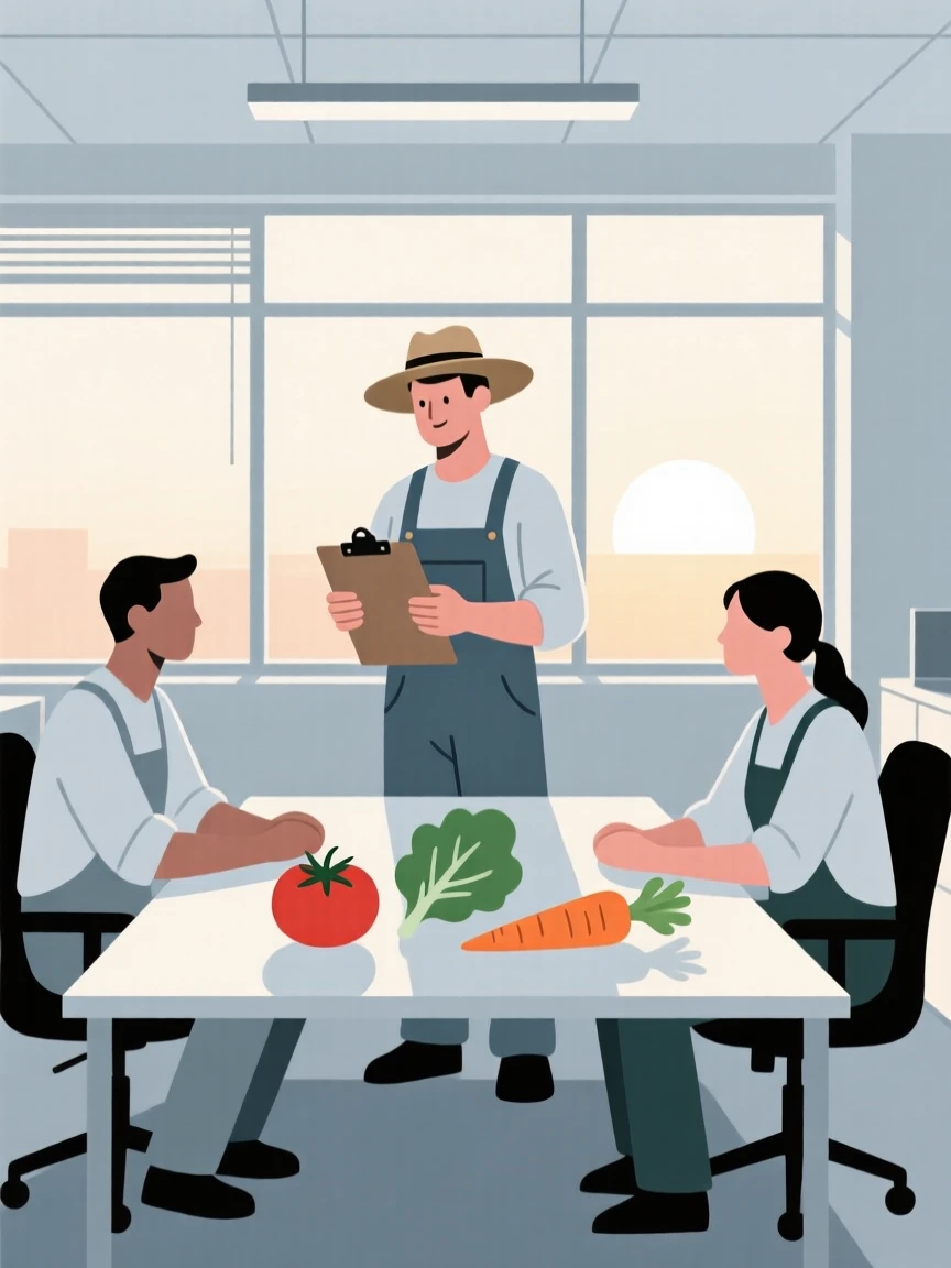 A farmer at dawn collaborating with colleagues in a bright open office, near fresh ingredients, full of focused determination.