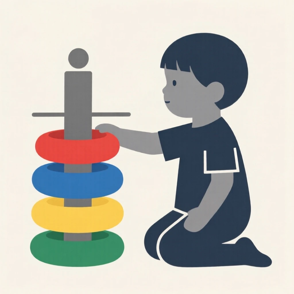 A young child stacking colorful rings on a peg