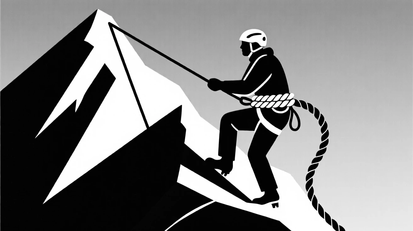A mountaineer using ropes to ascend an icy peak.