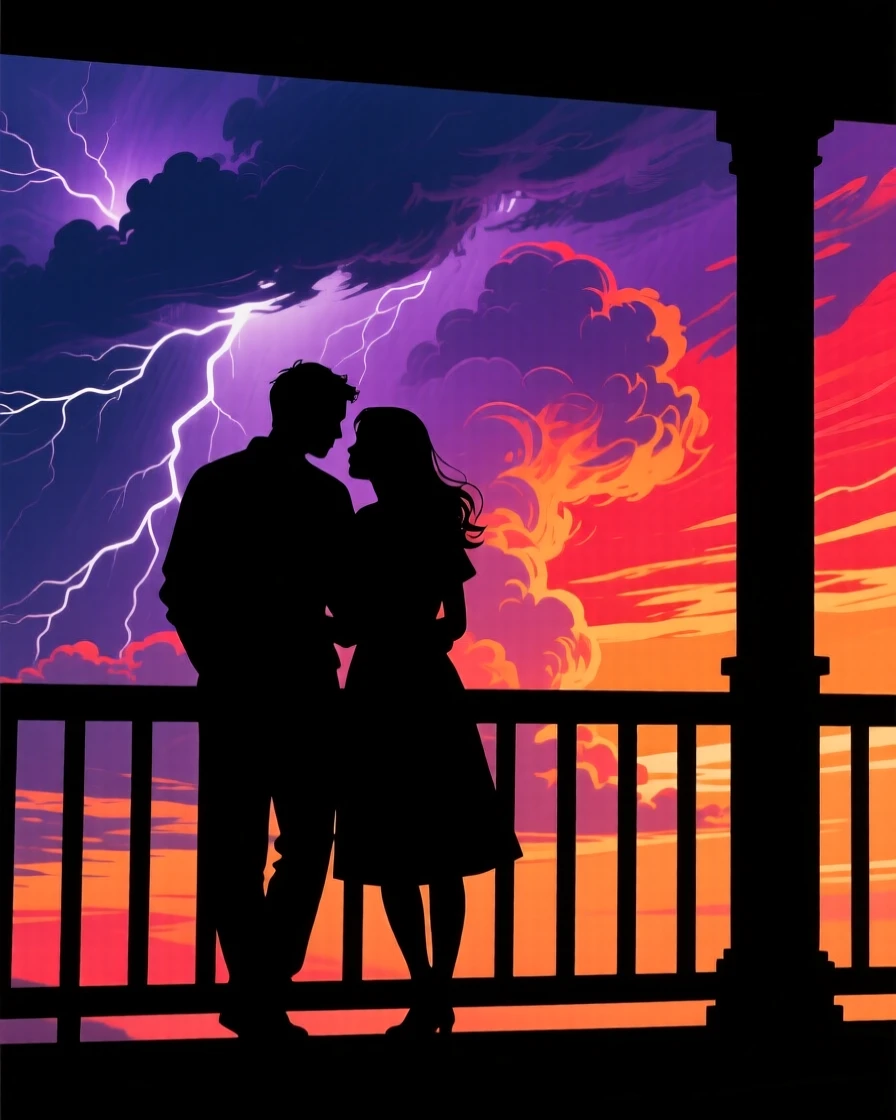 A couple leaning together against a porch railing, watching a storm roll in.