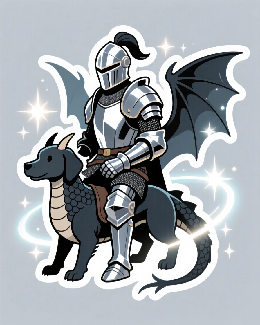 A confidently cool knight in shining armor riding a small dragon, surrounded by glowing special effects, in a world full of wonder and imagination.