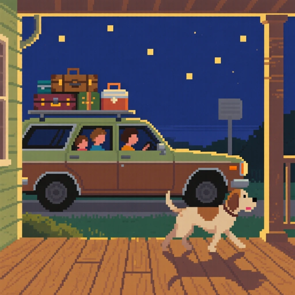 A family road trip car packed with luggage with an old dog trotting along beside them, on a porch during a warm summer night.