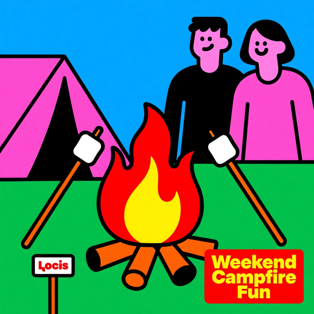 Weekend camping campfire with marshmallow roasting sticks