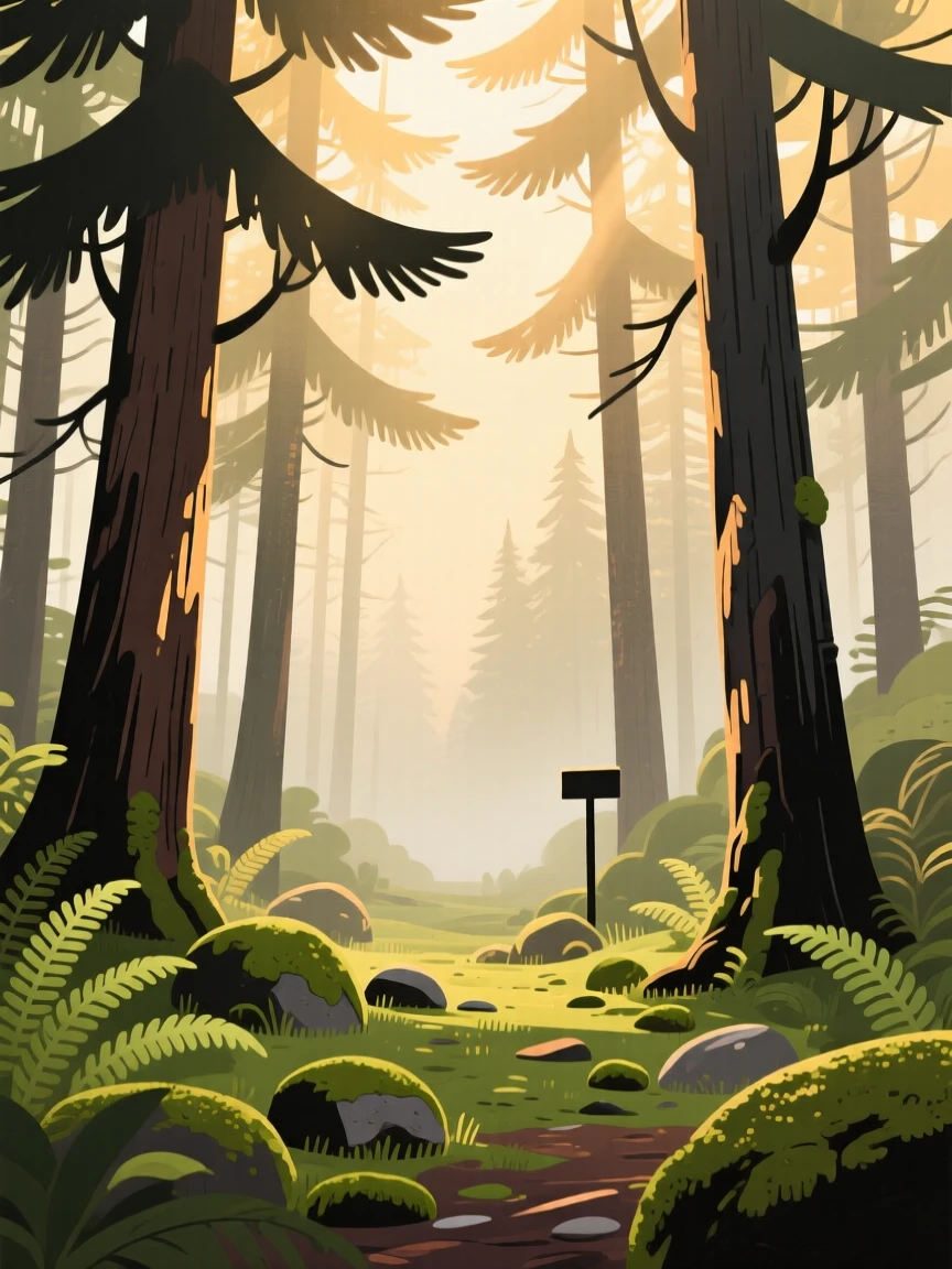 Sunlight filters through a misty pine forest of old pines, casting warm afternoon light across a carpet of ferns scattered with smooth mossy stones.