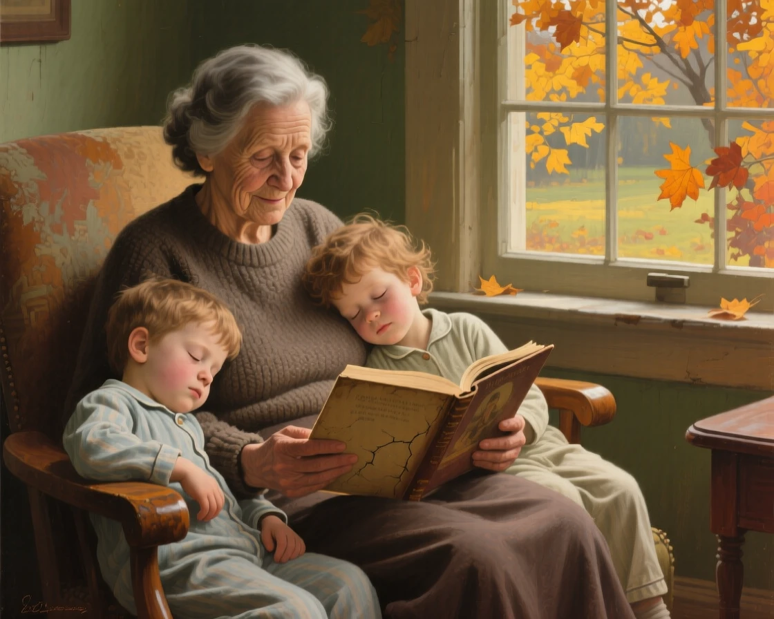 An intimate close-up of a grandmother reading a bedtime story to two sleepy children, as autumn leaves turn gold, in the 1940s.