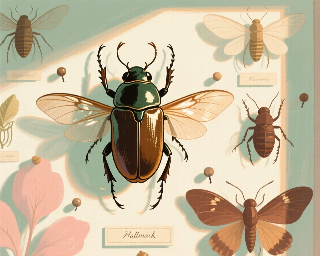 An antique illustration of a beetle displayed among pinned specimens