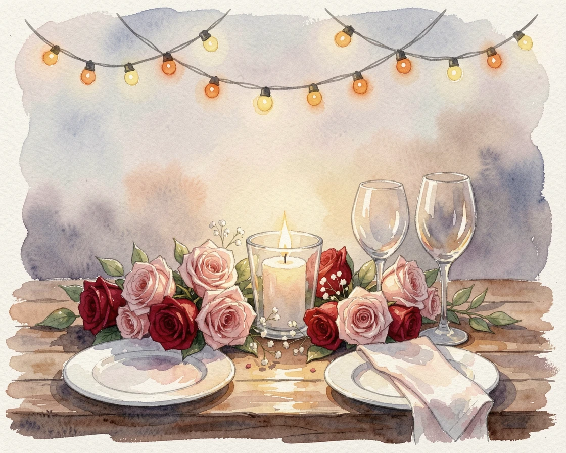 A Valentine's Day table set with roses and candlelight under strings of warm fairy lights.