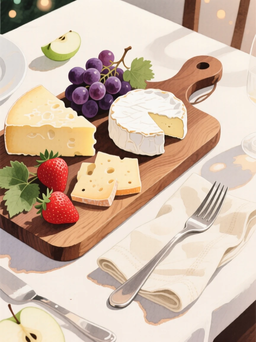 A wooden board of cheese and fruit sits beside a linen napkin and silver fork at a festive holiday table, arranged beautifully for a delightful meal