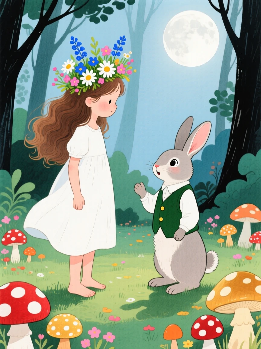 A barefoot girl with flowers in her hair meeting a talking rabbit in a tiny vest in a moonlit clearing full of mushrooms.
