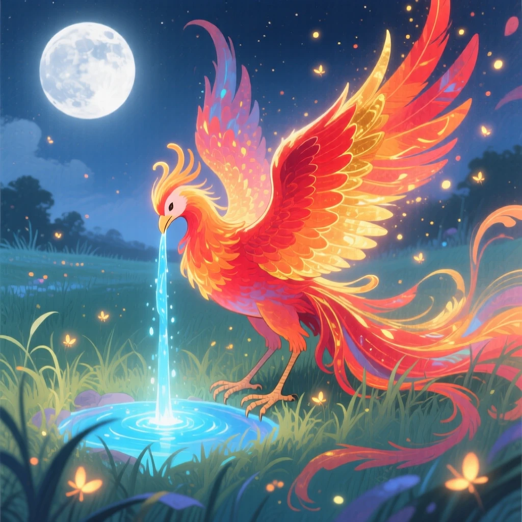 A glowing phoenix drinking from a magical spring that glows softly blue, in a moonlit meadow dotted with fireflies, radiating gentle magic and wonder.