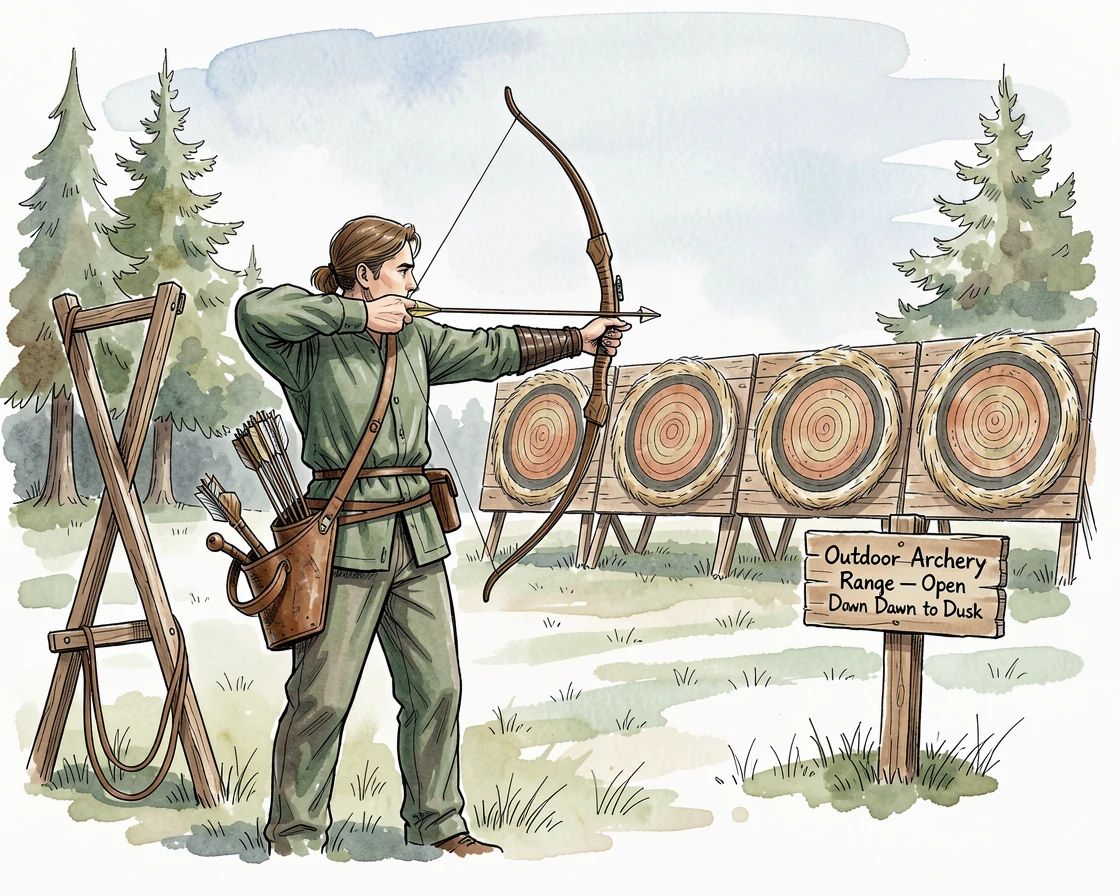 A archer drawing a bow at an outdoor range on a crisp morning, the setting filled with the tools and textures of the craft.