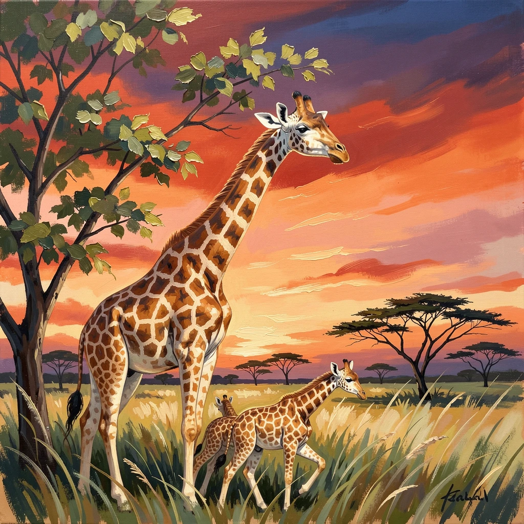 A giraffe reaching gracefully into the treetops, beneath a wide African sky at golden hour, cubs playing nearby in the tall grass, at sunset, the sky glowing orange behind the silhouette.