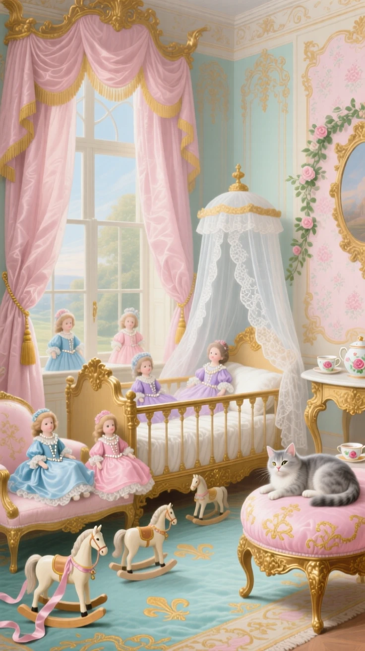 A royal nursery with dolls, toy horses, and a kitten curled on a cushion  
