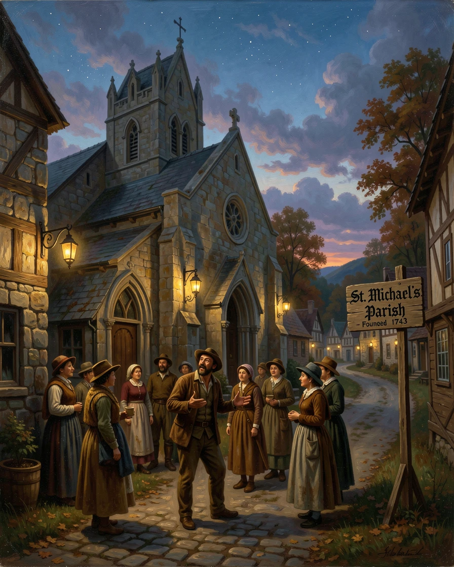 A miller shares news in a village beneath an old stone church as lanterns glow in the dusk.