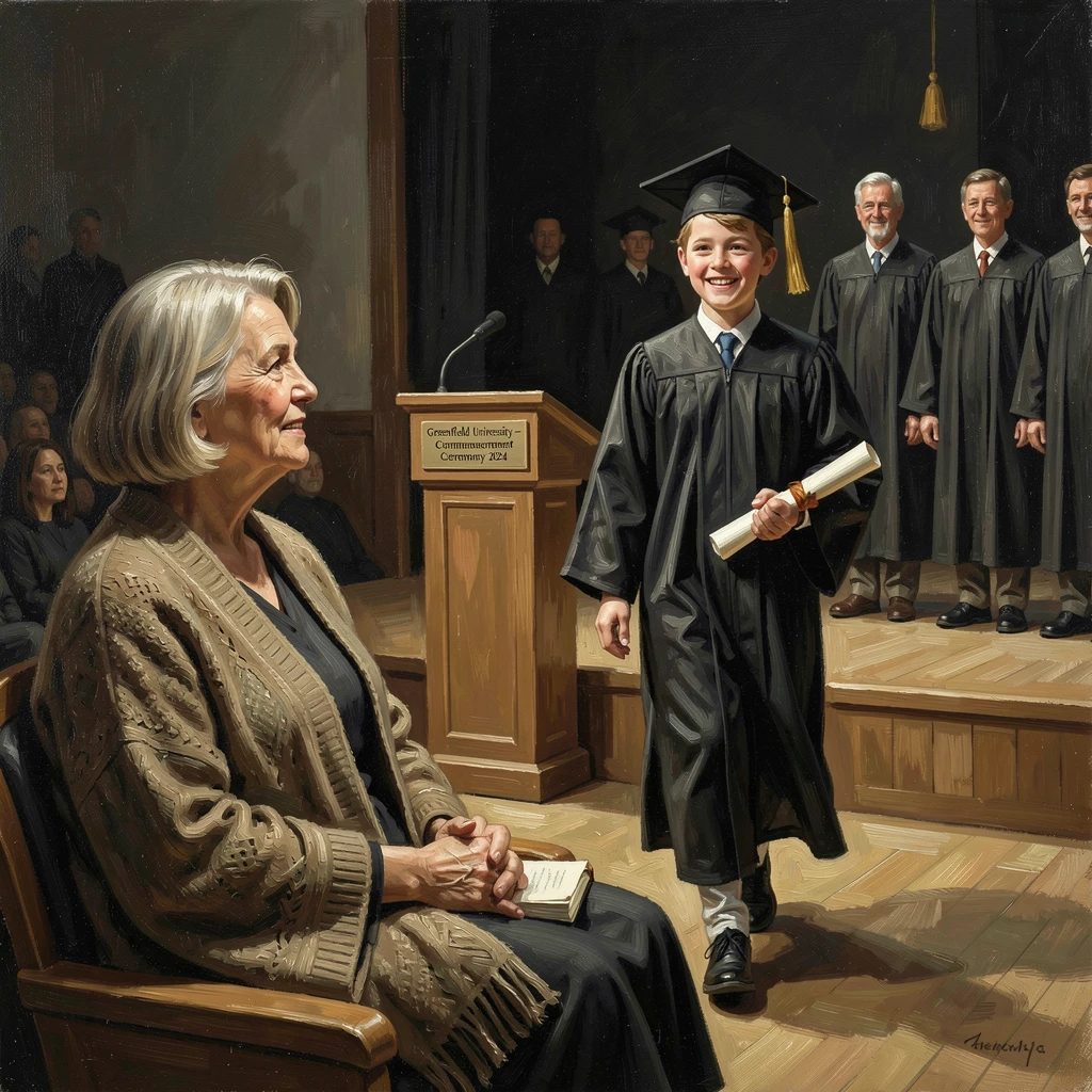 A mother watching proudly as her once-struggling child walks confidently across a graduation stage, with emotion and triumph radiating clearly from every face, evoking deep emotion and a profound sense of shared humanity