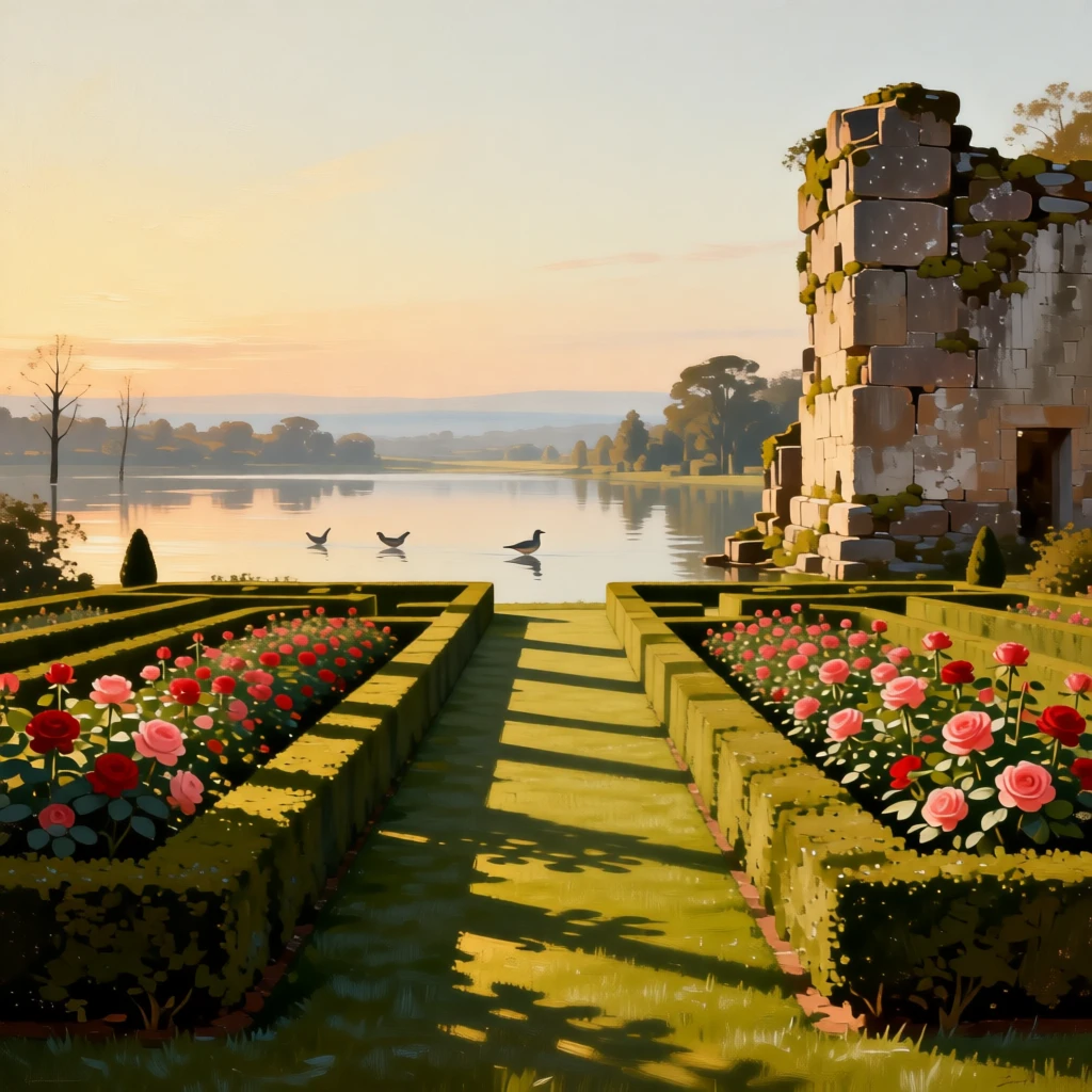 A formal palace garden with symmetrical hedges and blooming rose beds stretching endlessly toward a hazy, distant horizon, set beside the remnants of an old stone wall or ruin, with birds gliding low over the water and long shadows stretching across the grass; layered depth separates near, middle, and far distance beautifully, capturing a fleeting, golden moment worth preserving forever.