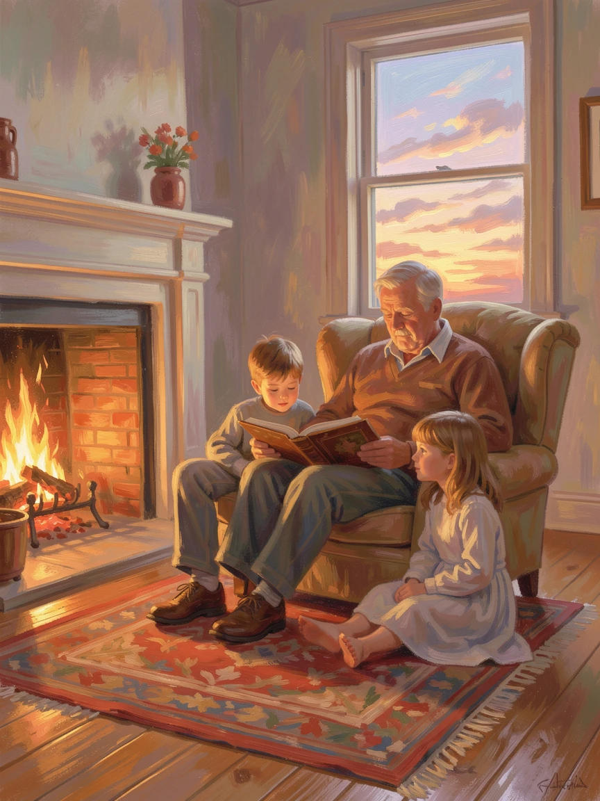 A grandfather reading a bedtime story to two children by a crackling fireplace, under a glowing sunset sky.