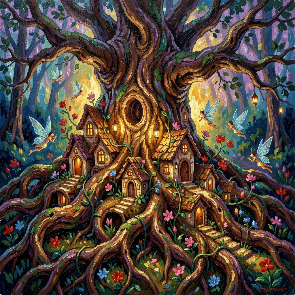 A hidden fairy village built into the roots of an ancient, glowing tree.