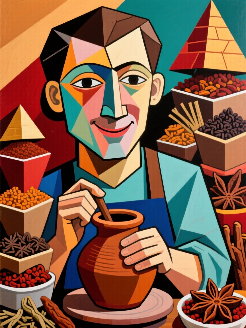 An intimate close-up of a potter smiling gently surrounded by stacks of fragrant spices.