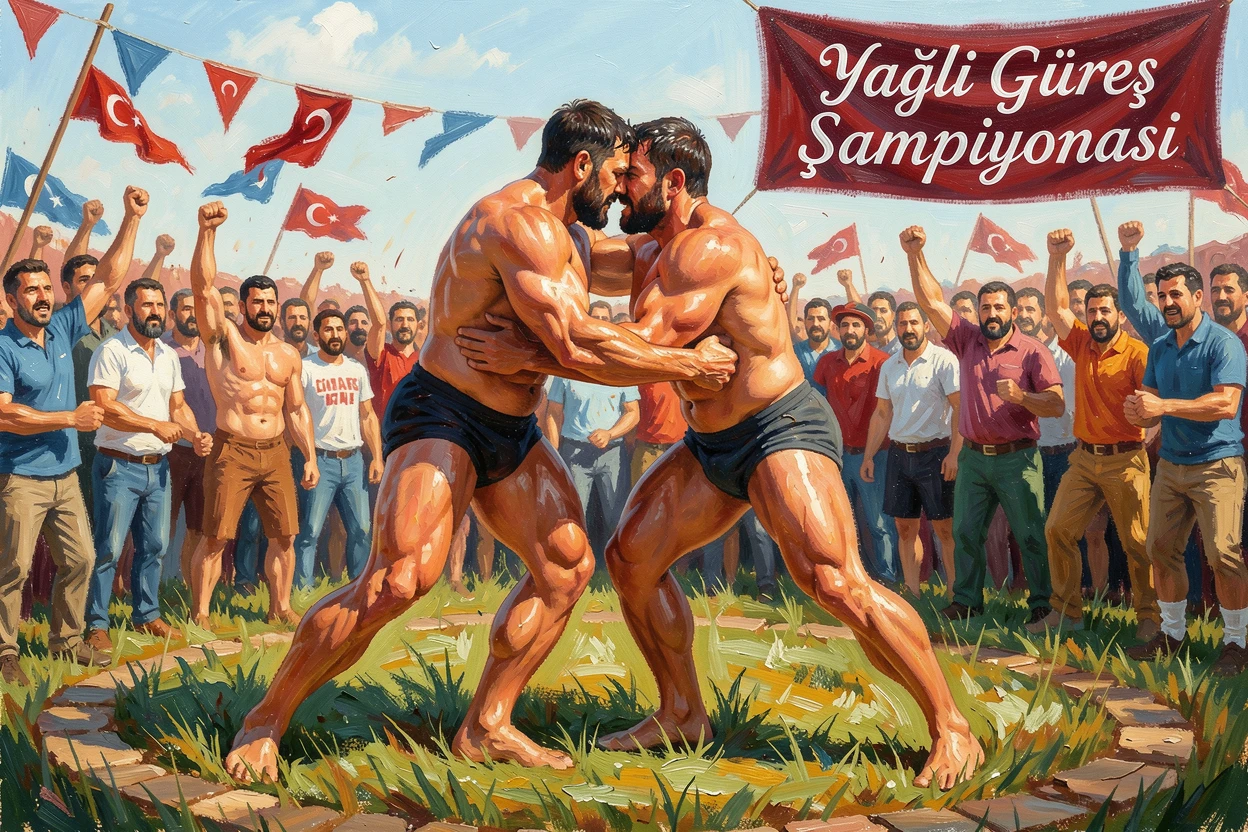 A colorful Turkish oil wrestling festival shows competitors glistening beneath the sun as crowds gather around the grassy arena, the surrounding crowd adding energy and movement to the edges of the composition.