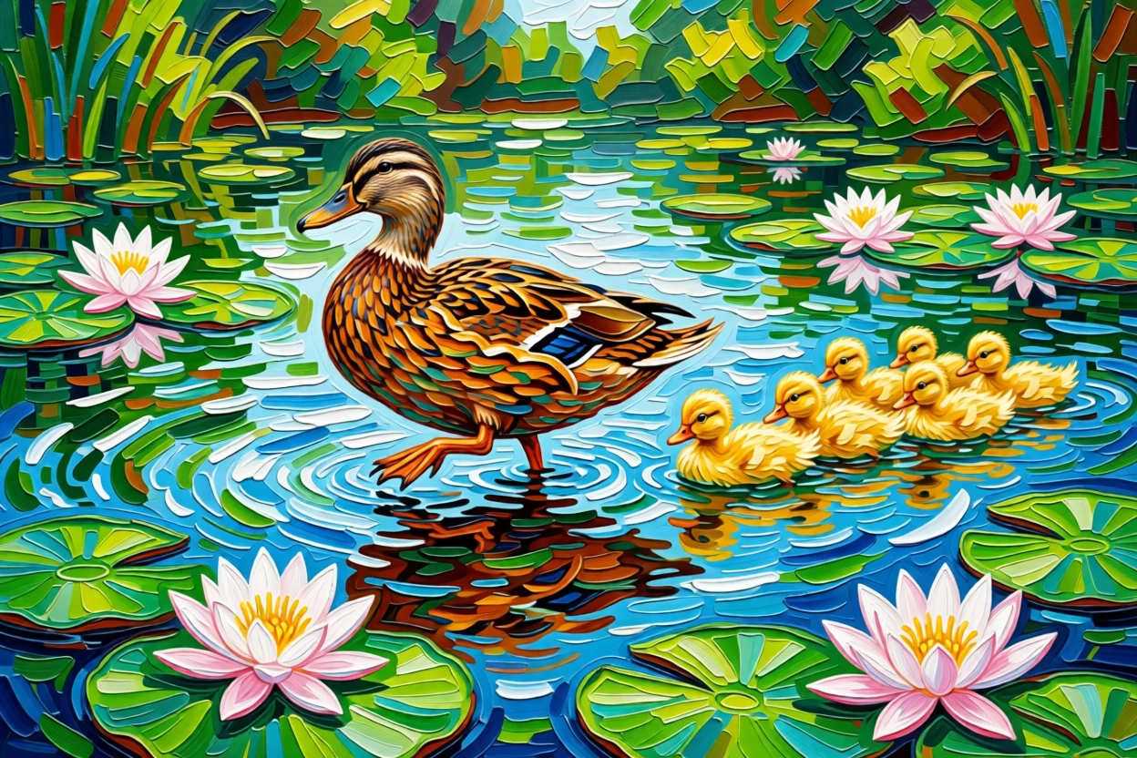 Baby ducklings following their mother across a pond dotted with lily pads in bloom