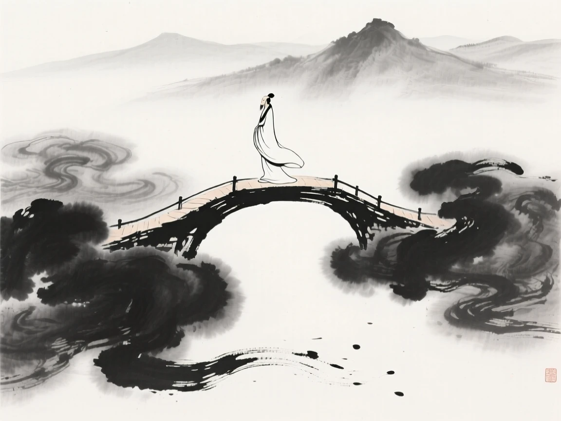 An immortal walks calmly across a bridge suspended between two clouds, as clouds part gently to reveal the mountains far below.