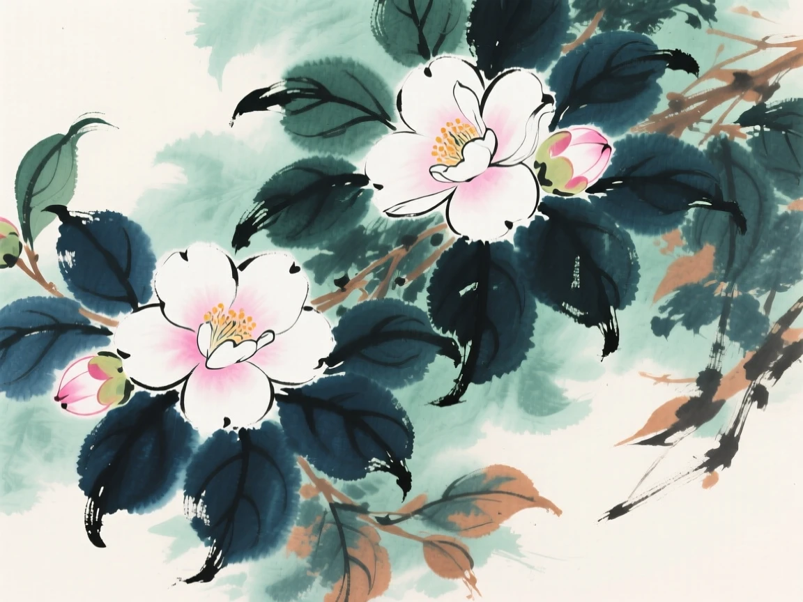 Camellias blooming brightly against a background of dark green leaves, filled with tranquil stillness.