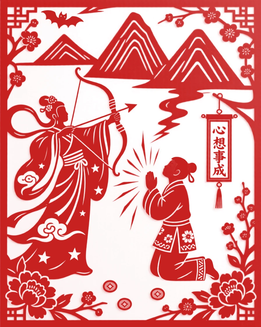 A celestial archer, granting a wish to a kneeling villager, as thunder rumbles across distant peaks.