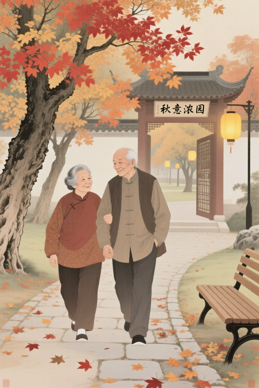 An elderly couple walking arm in arm through a park in autumn