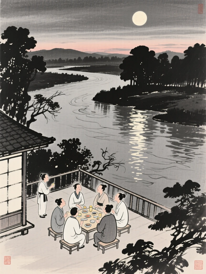 A moon-viewing gathering on a quiet garden terrace beside a slow-moving river at dusk, seen from a gentle elevated view over the gathering below, suggesting nostalgia and gentle celebration.