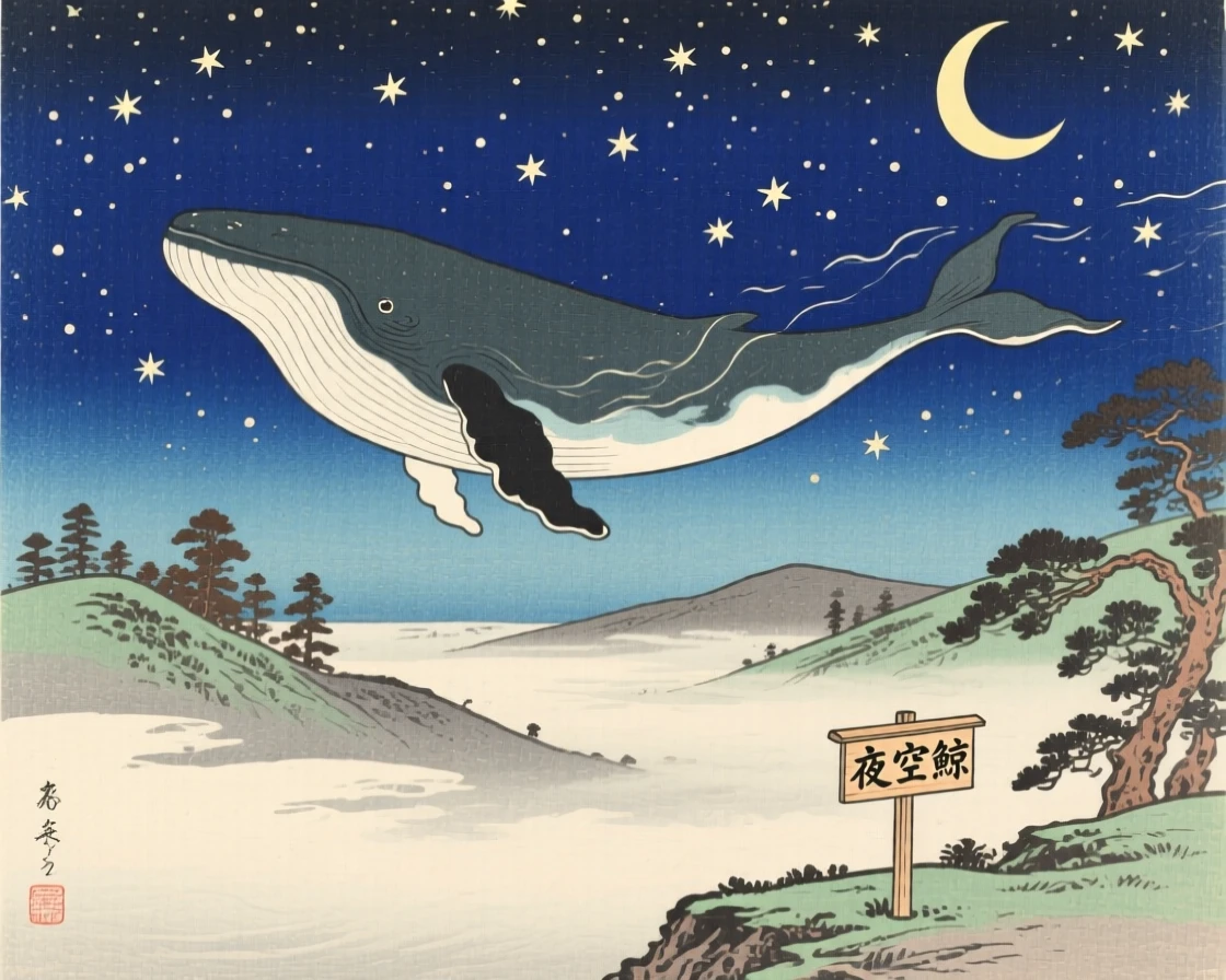 A whale swimming through a starlit night sky, nestled in a valley of drifting mist.