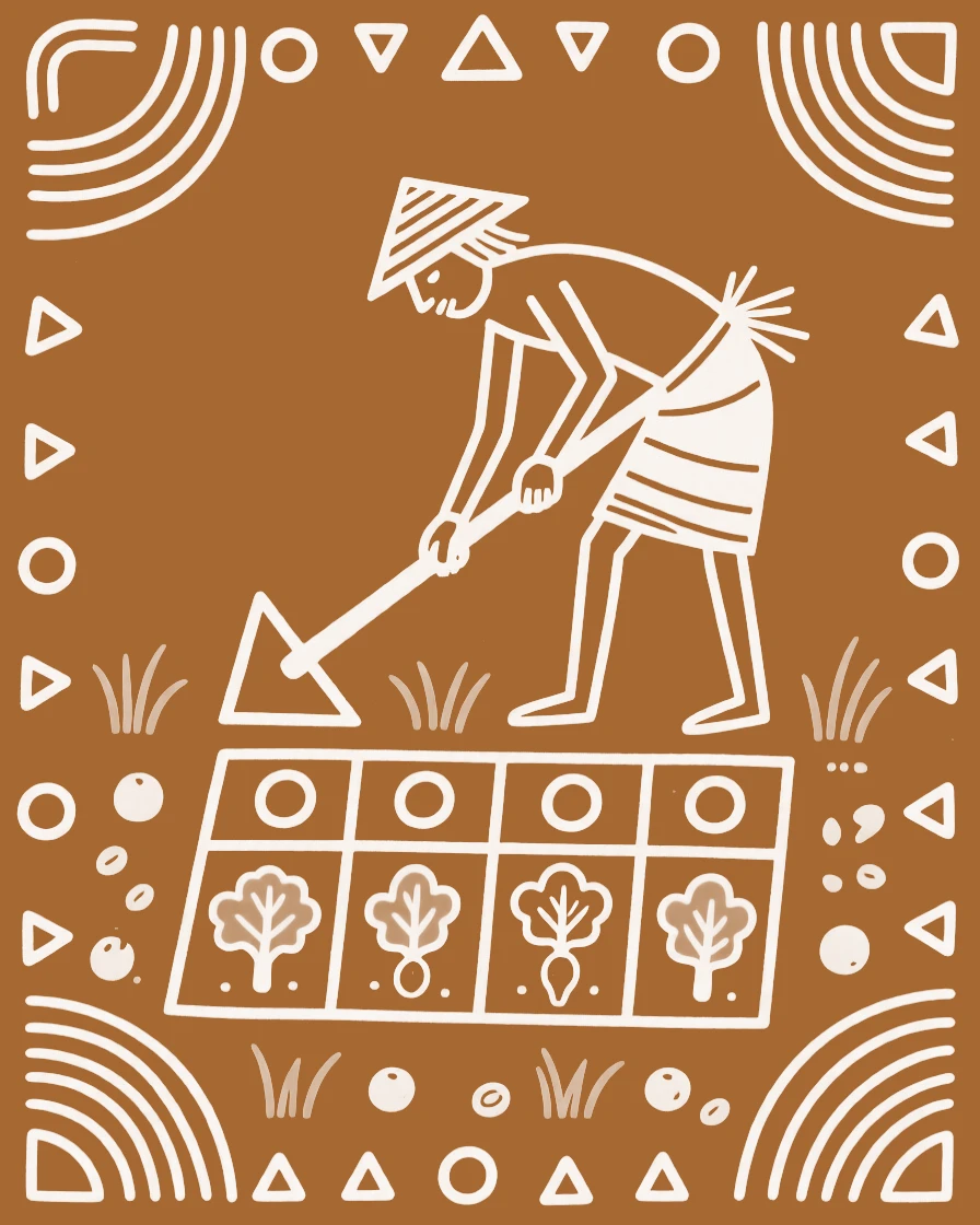 A farmer tending to a small vegetable garden.