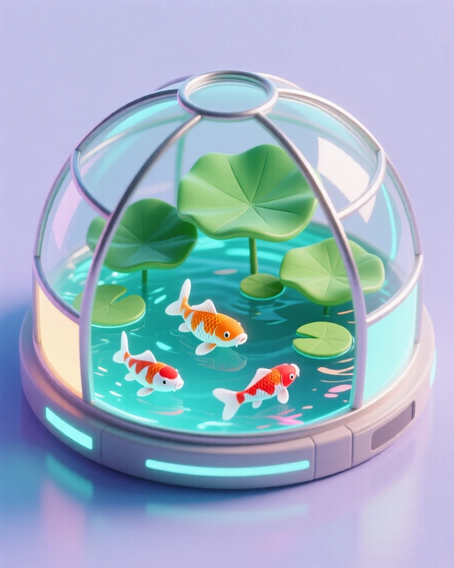 A space garden dome filled with floating lily pads and glowing koi swimming in artificial gravity water.