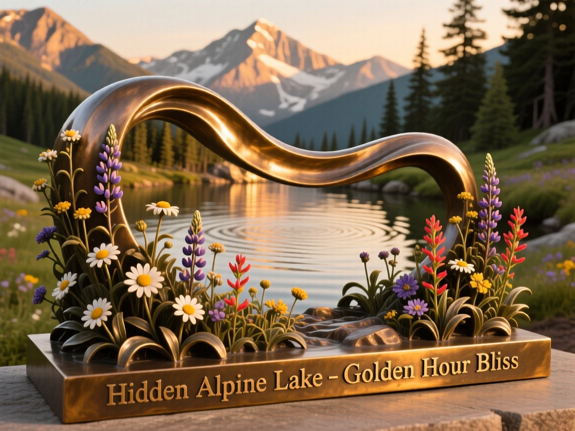 A hidden alpine lake ringed by wildflowers, bathed in the warm hues of golden hour, offering a breathtaking sense of place