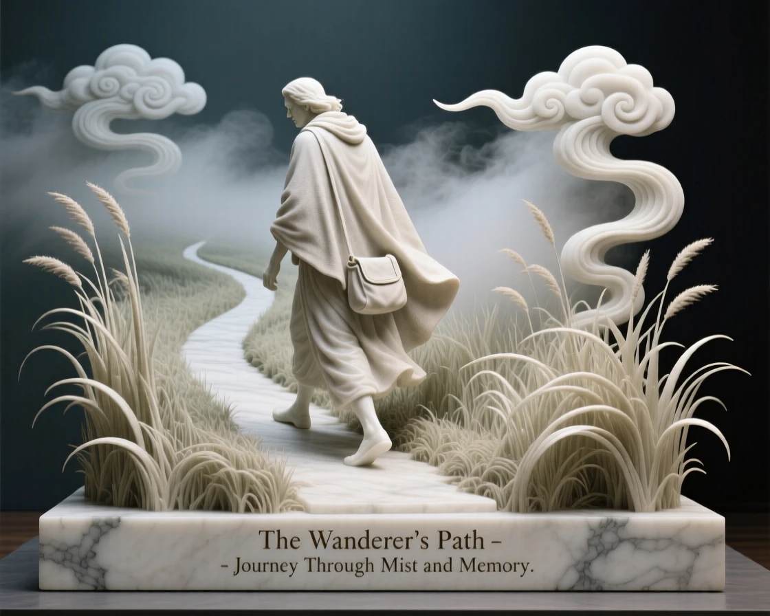A beautifully composed image of a lone wanderer walking a path through tall grass, amid swirling clouds and mist, full of atmosphere and visual storytelling
